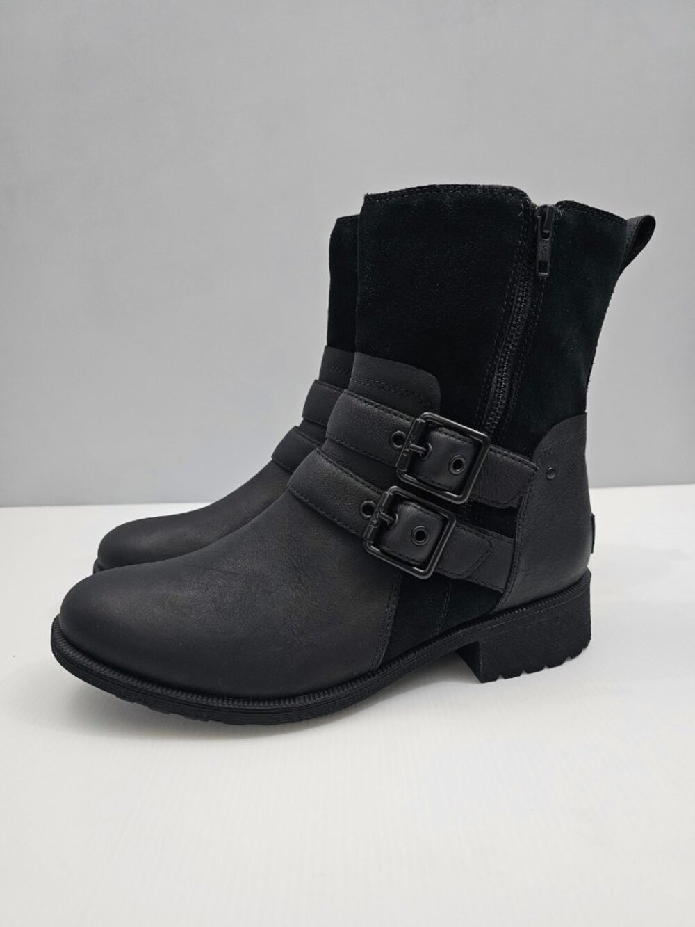 UGG Wilde Waterproof Moto Boots Womens 10 Black Leather Suede Buckle Biker